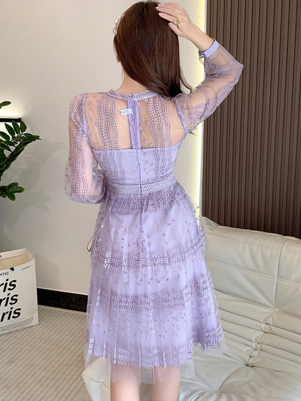 SMTHMA uus kevadlilla pitsiga võrktikandiga kleit naistele pikkade varrukatega ümarkaelusega disainiga Runway kleidid Vestidos