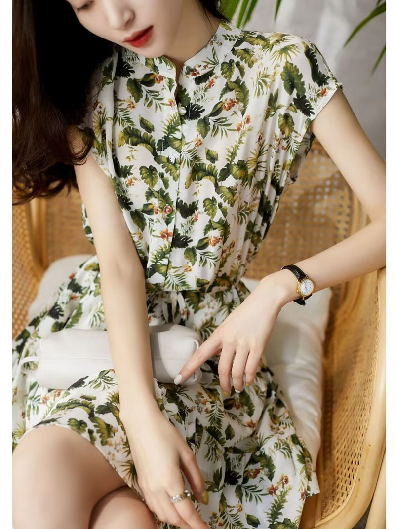 Prantsuse šifoonitrükiga suvine naiste kleit, retro stiilis püstise kraega, pendeldamine ja lilleline kõrge vöökohaga A-kujuline kleit 2023