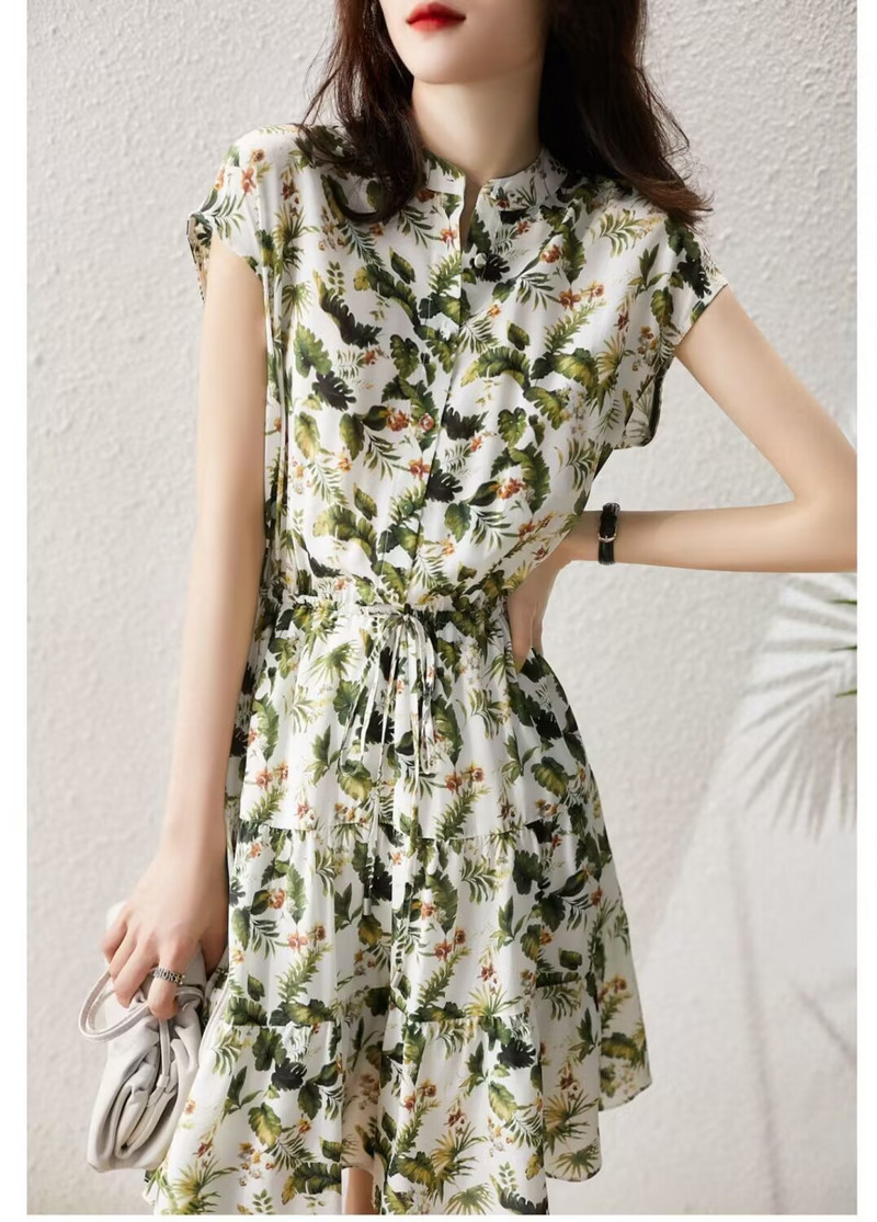 Prantsuse šifoonitrükiga suvine naiste kleit, retro stiilis püstise kraega, pendeldamine ja lilleline kõrge vöökohaga A-kujuline kleit 2023