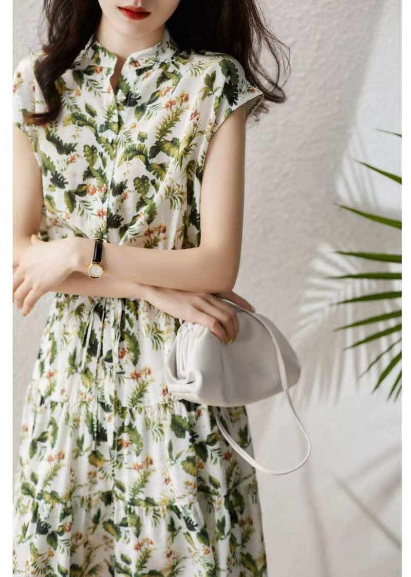 Prantsuse šifoonitrükiga suvine naiste kleit, retro stiilis püstise kraega, pendeldamine ja lilleline kõrge vöökohaga A-kujuline kleit 2023