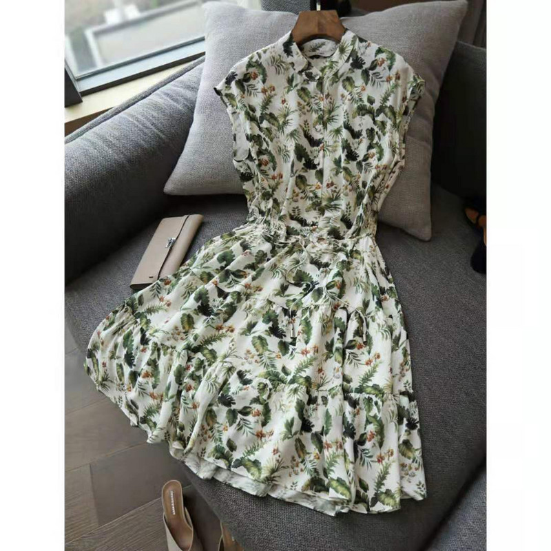 Prantsuse šifoonitrükiga suvine naiste kleit, retro stiilis püstise kraega, pendeldamine ja lilleline kõrge vöökohaga A-kujuline kleit 2023