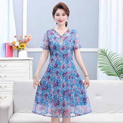 Rochie midi elegantă cu imprimeu de vară cu decolteu în V Femei coreeane cu mânecă scurtă Rochii în linie A pentru mama Casual Rochii de plajă