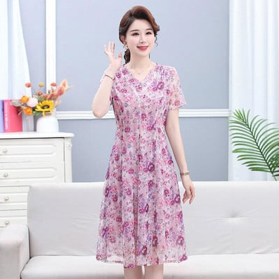 Rochie midi elegantă cu imprimeu de vară cu decolteu în V Femei coreeane cu mânecă scurtă Rochii în linie A pentru mama Casual Rochii de plajă