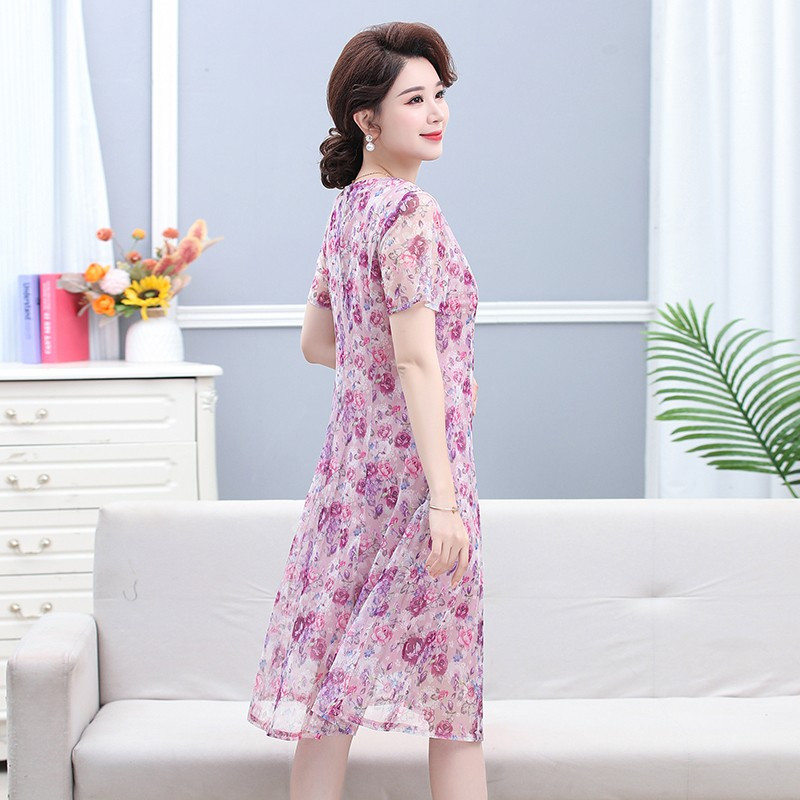 Rochie midi elegantă cu imprimeu de vară cu decolteu în V Femei coreeane cu mânecă scurtă Rochii în linie A pentru mama Casual Rochii de plajă