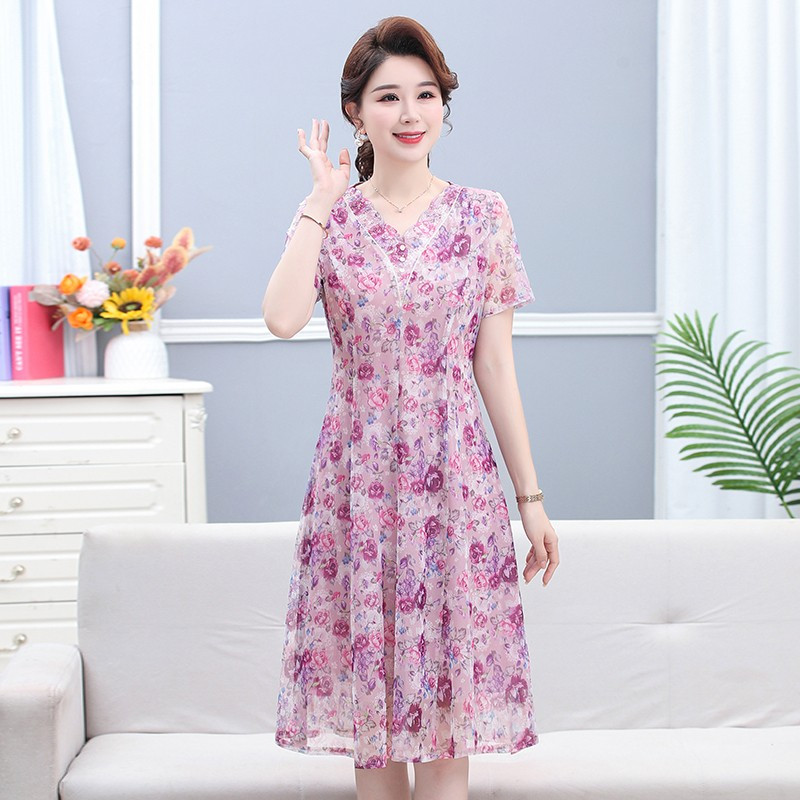 Rochie midi elegantă cu imprimeu de vară cu decolteu în V Femei coreeane cu mânecă scurtă Rochii în linie A pentru mama Casual Rochii de plajă