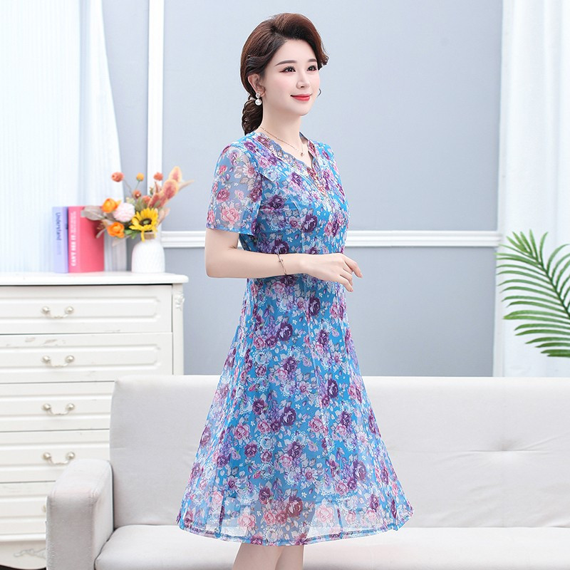 Rochie midi elegantă cu imprimeu de vară cu decolteu în V Femei coreeane cu mânecă scurtă Rochii în linie A pentru mama Casual Rochii de plajă