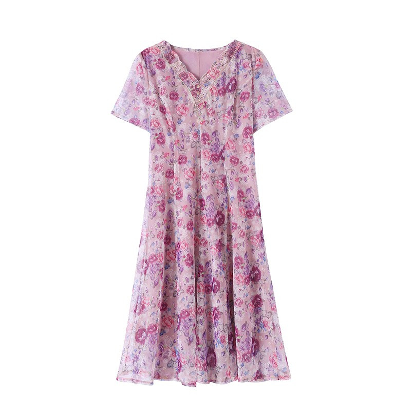 Rochie midi elegantă cu imprimeu de vară cu decolteu în V Femei coreeane cu mânecă scurtă Rochii în linie A pentru mama Casual Rochii de plajă