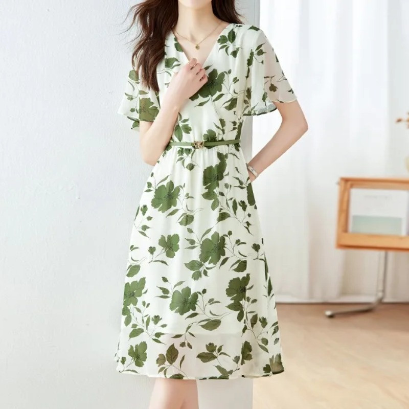 Naiste suvine V-kaelusega pullover, lilledega volangid, trükitud šifoonist lühikeste varrukatega vabaaja elegantne kontorinaise põlvekleit puhkuseks