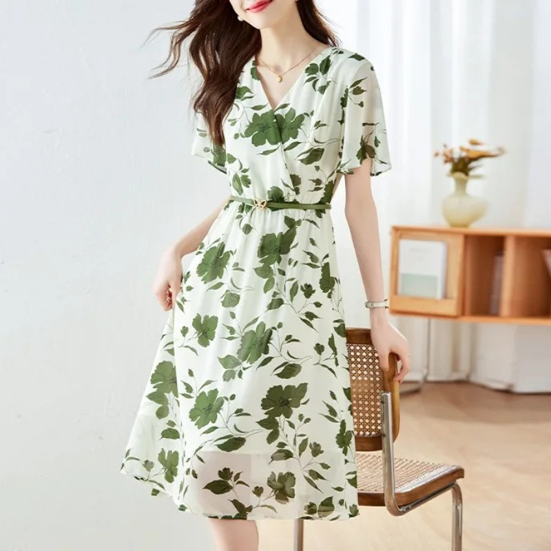 Naiste suvine V-kaelusega pullover, lilledega volangid, trükitud šifoonist lühikeste varrukatega vabaaja elegantne kontorinaise põlvekleit puhkuseks