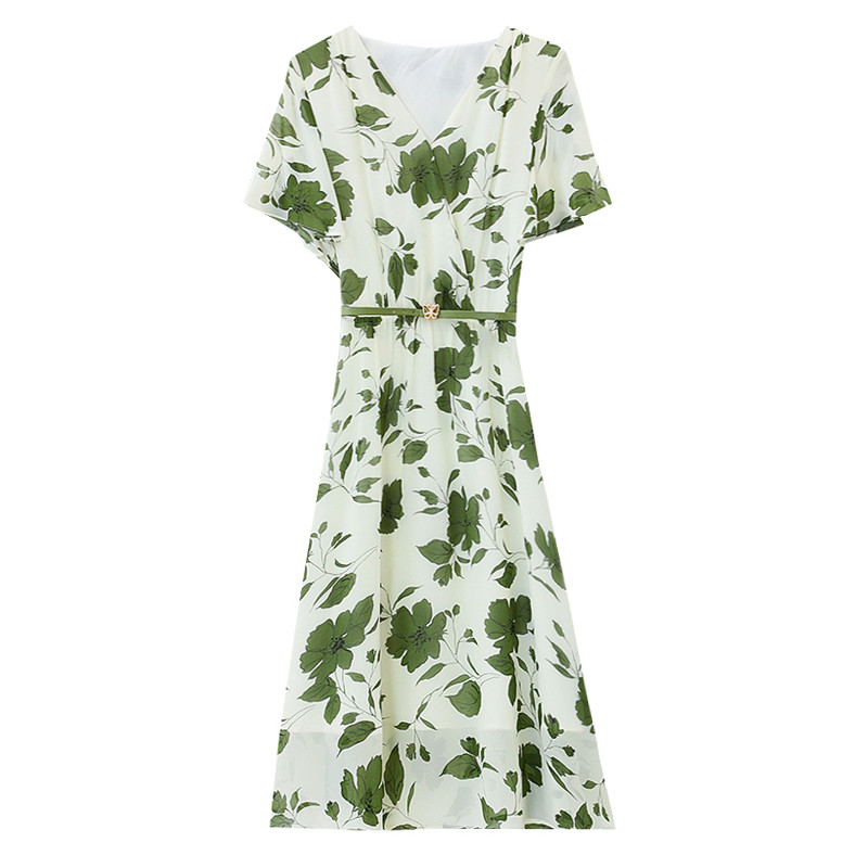 Naiste suvine V-kaelusega pullover, lilledega volangid, trükitud šifoonist lühikeste varrukatega vabaaja elegantne kontorinaise põlvekleit puhkuseks