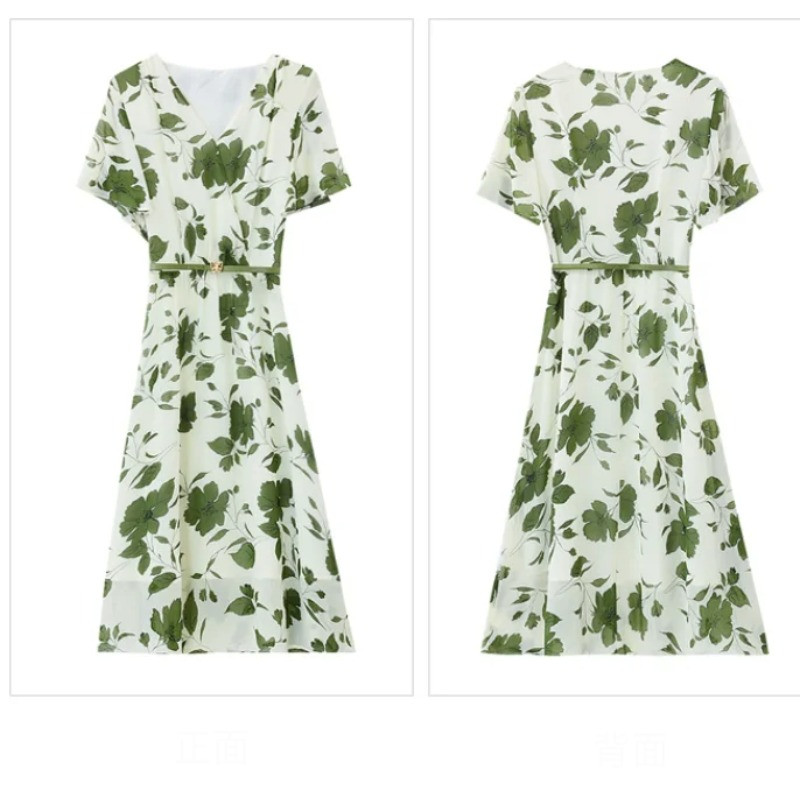 Naiste suvine V-kaelusega pullover, lilledega volangid, trükitud šifoonist lühikeste varrukatega vabaaja elegantne kontorinaise põlvekleit puhkuseks