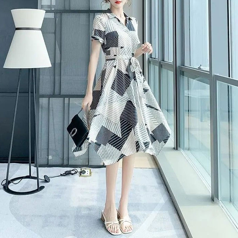 Καλοκαιρινό πόλο με λαιμόκοψη Κομψά φορέματα με ακανόνιστο στρίφωμα Casual ριγέ ματισμένα γυναικεία ρούχα Ασύμμετρο μίντι φόρεμα με κορδόνι σε γραμμή A