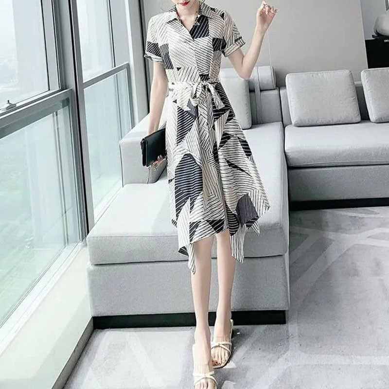 Καλοκαιρινό πόλο με λαιμόκοψη Κομψά φορέματα με ακανόνιστο στρίφωμα Casual ριγέ ματισμένα γυναικεία ρούχα Ασύμμετρο μίντι φόρεμα με κορδόνι σε γραμμή A