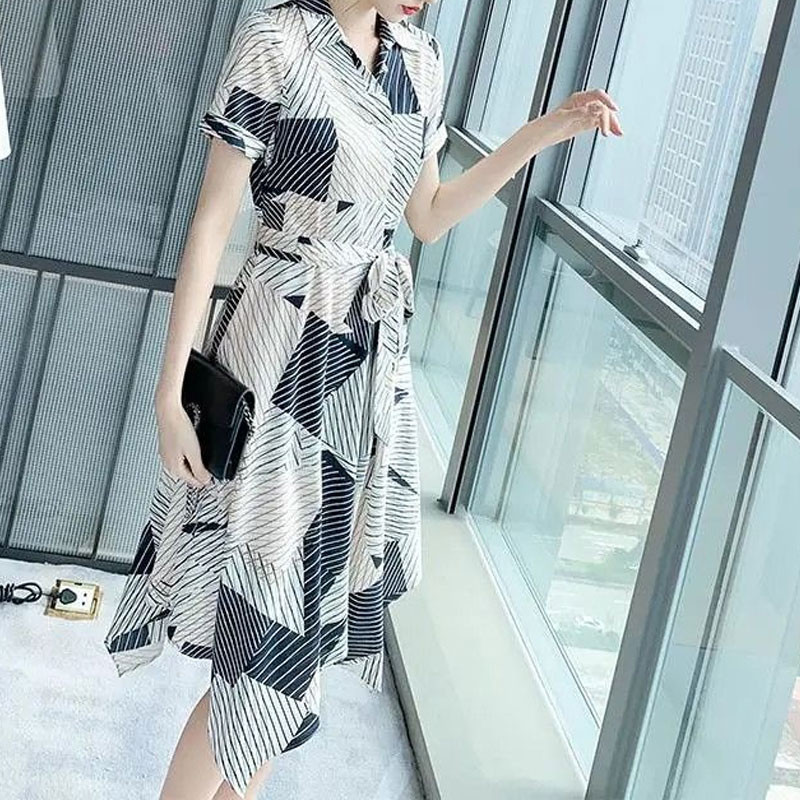 Καλοκαιρινό πόλο με λαιμόκοψη Κομψά φορέματα με ακανόνιστο στρίφωμα Casual ριγέ ματισμένα γυναικεία ρούχα Ασύμμετρο μίντι φόρεμα με κορδόνι σε γραμμή A