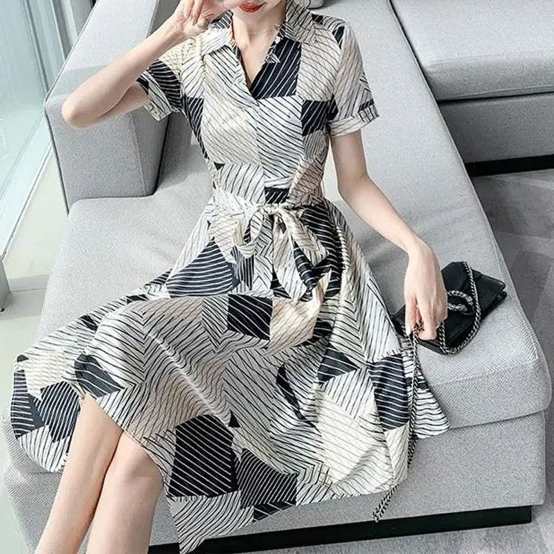 Καλοκαιρινό πόλο με λαιμόκοψη Κομψά φορέματα με ακανόνιστο στρίφωμα Casual ριγέ ματισμένα γυναικεία ρούχα Ασύμμετρο μίντι φόρεμα με κορδόνι σε γραμμή A