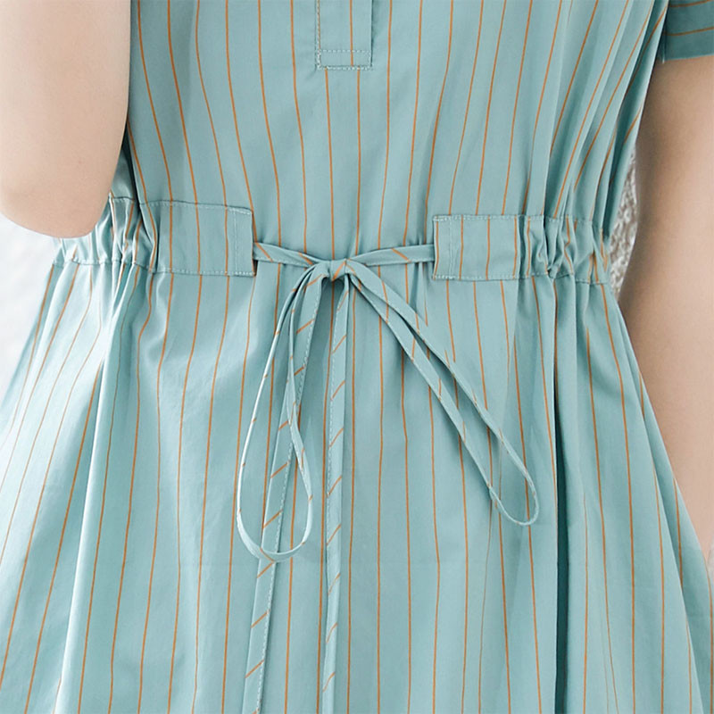 Divat ingázó női csíkos lehajtható galléros gombos ing ruhák nyári női ruházat alkalmi ráncolt rövid ujjú ruha