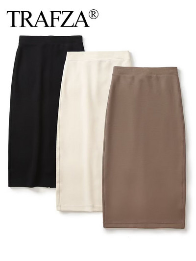 TRAFZA nyári női vékony, új divat, tömör, vékony midi szoknyaborítás Vintage alkalmi, osztott, elegáns, magas derekú női elegáns hosszú szoknyák