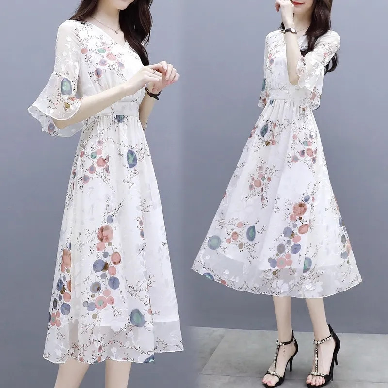 Γυναικείο φόρεμα σιφόν με λαιμόκοψη V, μοντέρνο στάμπα, μεσαίου μήκους, φλοράλ φούστα σε γραμμή Α, Καλοκαιρινό φόρεμα με φερμουάρ με μανίκια πεταλούδας