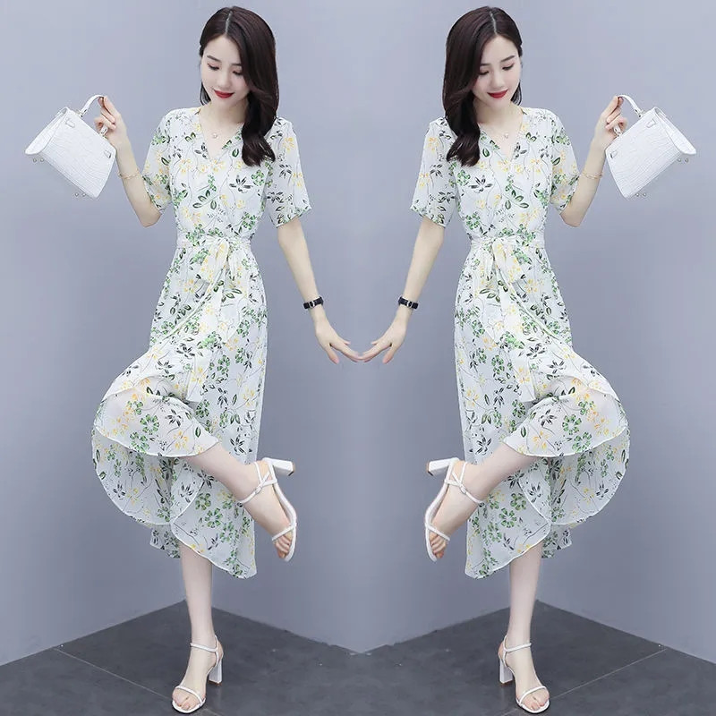 Γυναικείο φόρεμα σιφόν με λαιμόκοψη V, μοντέρνο στάμπα, μεσαίου μήκους, φλοράλ φούστα σε γραμμή Α, Καλοκαιρινό φόρεμα με φερμουάρ με μανίκια πεταλούδας