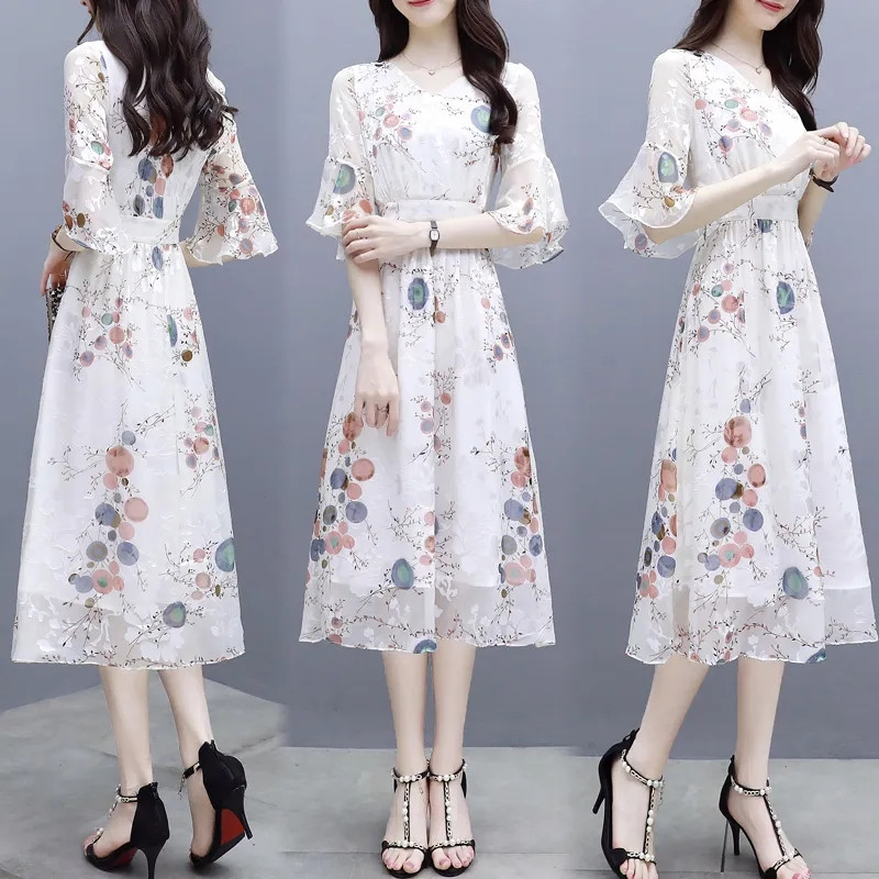 Γυναικείο φόρεμα σιφόν με λαιμόκοψη V, μοντέρνο στάμπα, μεσαίου μήκους, φλοράλ φούστα σε γραμμή Α, Καλοκαιρινό φόρεμα με φερμουάρ με μανίκια πεταλούδας