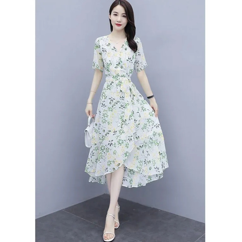 Γυναικείο φόρεμα σιφόν με λαιμόκοψη V, μοντέρνο στάμπα, μεσαίου μήκους, φλοράλ φούστα σε γραμμή Α, Καλοκαιρινό φόρεμα με φερμουάρ με μανίκια πεταλούδας