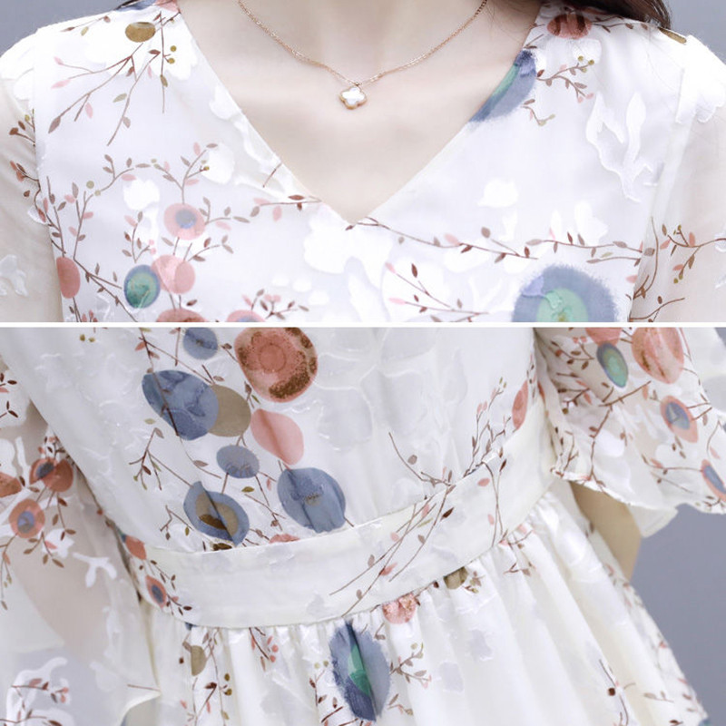 Γυναικείο φόρεμα σιφόν με λαιμόκοψη V, μοντέρνο στάμπα, μεσαίου μήκους, φλοράλ φούστα σε γραμμή Α, Καλοκαιρινό φόρεμα με φερμουάρ με μανίκια πεταλούδας