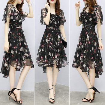 Дамска шифонена рокля на цветя с флорални мотиви Нови тенденции за 2024 г. Дамска елегантна лятна рокля с V деколте и къс ръкав в корейски стил Дамски дрехи
