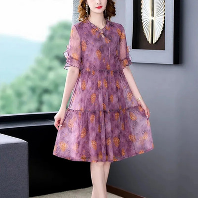 Μόδα Casual Floral Φορέματα εκτύπωσης Γυναικεία ιδιοσυγκρασία Φούστες στο γόνατο Καλοκαιρινή λεπτή φλοκέτα Γυναικεία ρούχα με κοντό μανίκι