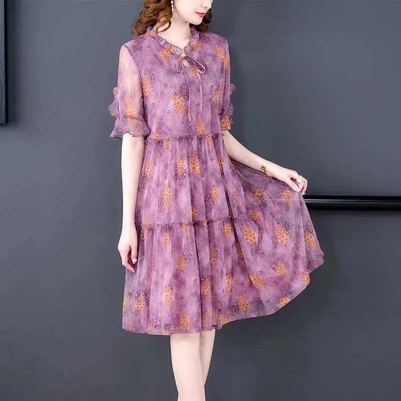 Μόδα Casual Floral Φορέματα εκτύπωσης Γυναικεία ιδιοσυγκρασία Φούστες στο γόνατο Καλοκαιρινή λεπτή φλοκέτα Γυναικεία ρούχα με κοντό μανίκι