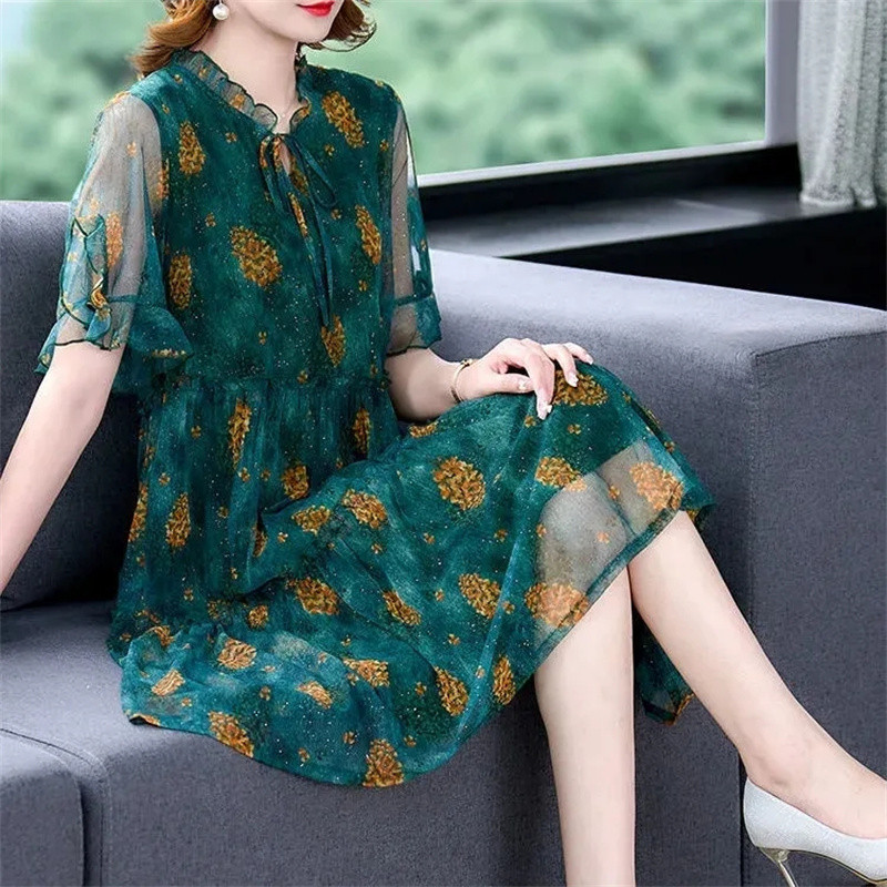 Μόδα Casual Floral Φορέματα εκτύπωσης Γυναικεία ιδιοσυγκρασία Φούστες στο γόνατο Καλοκαιρινή λεπτή φλοκέτα Γυναικεία ρούχα με κοντό μανίκι