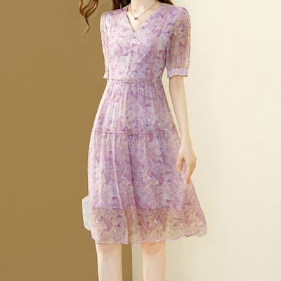 EVNISI Rochie șic mov șic din șifon pentru femei, cu decolteu în V, cu imprimare florală elegantă, pentru birou, rochii în linie A de vară pentru femei, rochie de petrecere cu zâne