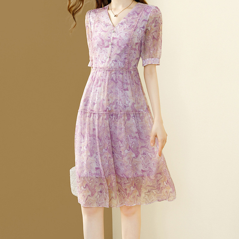 EVNISI Rochie șic mov șic din șifon pentru femei, cu decolteu în V, cu imprimare florală elegantă, pentru birou, rochii în linie A de vară pentru femei, rochie de petrecere cu zâne