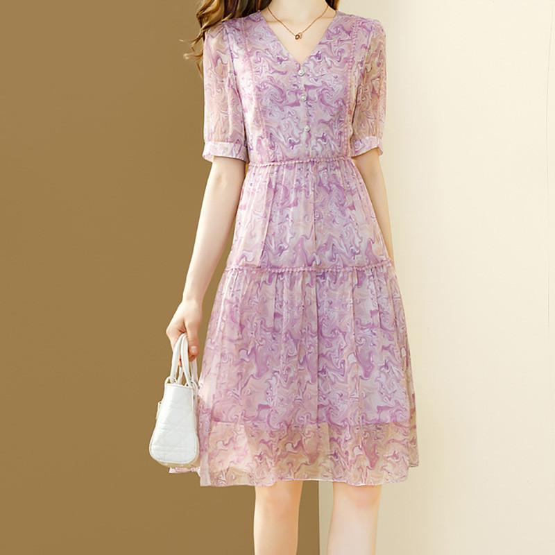 EVNISI Rochie șic mov șic din șifon pentru femei, cu decolteu în V, cu imprimare florală elegantă, pentru birou, rochii în linie A de vară pentru femei, rochie de petrecere cu zâne