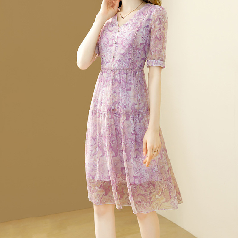 EVNISI Rochie șic mov șic din șifon pentru femei, cu decolteu în V, cu imprimare florală elegantă, pentru birou, rochii în linie A de vară pentru femei, rochie de petrecere cu zâne