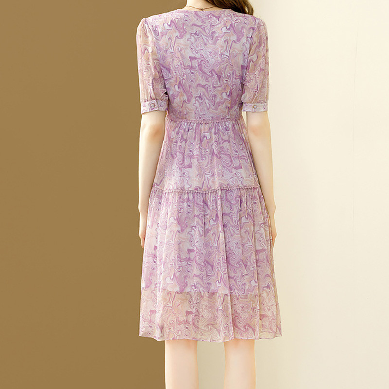 EVNISI Rochie șic mov șic din șifon pentru femei, cu decolteu în V, cu imprimare florală elegantă, pentru birou, rochii în linie A de vară pentru femei, rochie de petrecere cu zâne