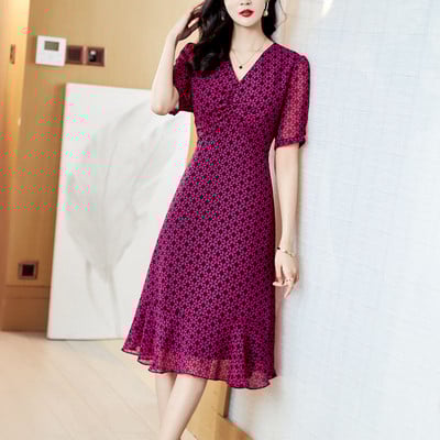 Άνοιξη 2023 Νέα μόδα φλοράλ σιφόν με λαιμόκοψη με κοντό μανίκι Κομψό γυναικείο φόρεμα ιδιοσυγκρασίας βολάν Λεπτό μίντι γυναικείο φόρεμα