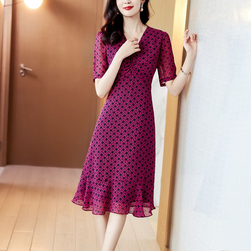 Άνοιξη 2023 Νέα μόδα φλοράλ σιφόν με λαιμόκοψη με κοντό μανίκι Κομψό γυναικείο φόρεμα ιδιοσυγκρασίας βολάν Λεπτό μίντι γυναικείο φόρεμα