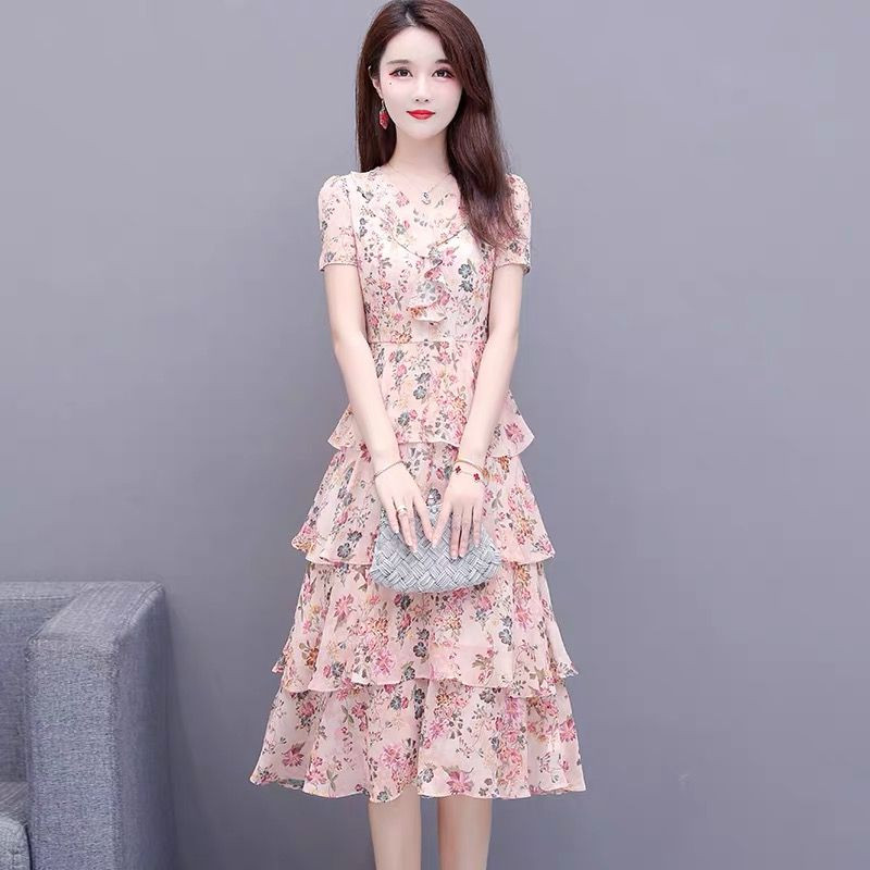 Κομψά βολάν με λαιμόκοψη V-λαιμόκοψη σιφόν τούρτα κοντομάνικα γυναικεία ρούχα 2024 Καλοκαίρι Νέο φαρδύ Γυναικείο φλοράλ φόρεμα γραφείου