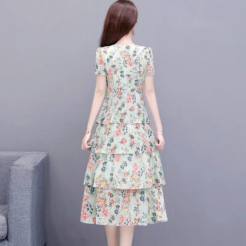 Κομψά βολάν με λαιμόκοψη V-λαιμόκοψη σιφόν τούρτα κοντομάνικα γυναικεία ρούχα 2024 Καλοκαίρι Νέο φαρδύ Γυναικείο φλοράλ φόρεμα γραφείου