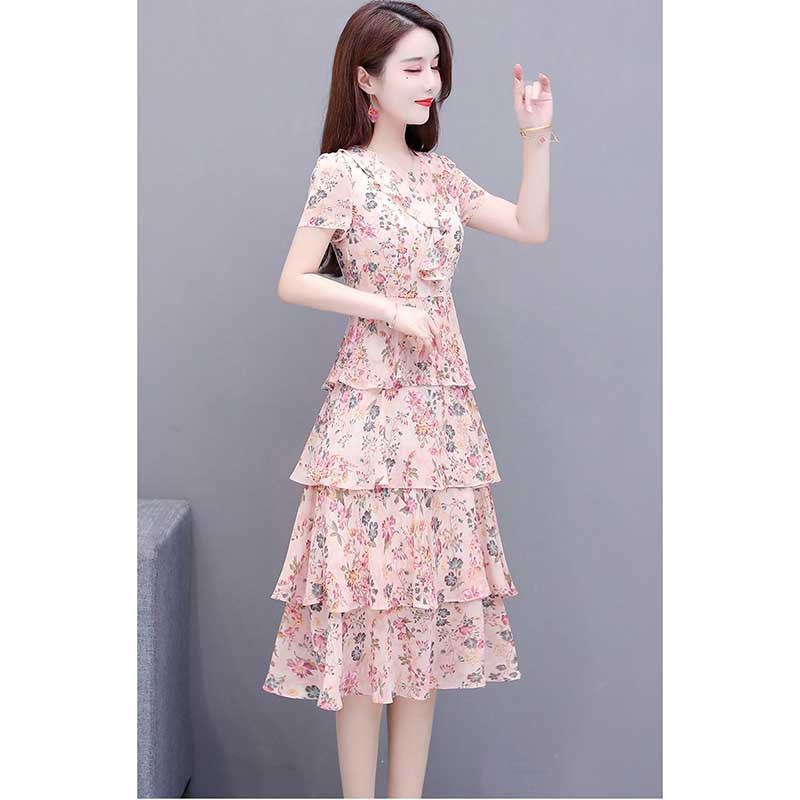 Κομψά βολάν με λαιμόκοψη V-λαιμόκοψη σιφόν τούρτα κοντομάνικα γυναικεία ρούχα 2024 Καλοκαίρι Νέο φαρδύ Γυναικείο φλοράλ φόρεμα γραφείου