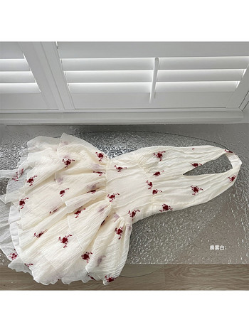 Сладка Kawaii Бродерия Флорална рокля Луксозна дамска елегантна рокля с V-образно деколте Вечерно парти Рокли от една част Корейска пролет лято