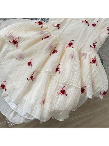 Сладка Kawaii Бродерия Флорална рокля Луксозна дамска елегантна рокля с V-образно деколте Вечерно парти Рокли от една част Корейска пролет лято