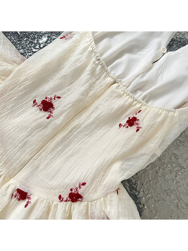 Rochie florală cu broderie Kawaii dulce, femei de lux, rochie de soare elegantă cu decolteu în V, petrecere de seară, rochii dintr-o singură bucată, coreeană primăvară vară