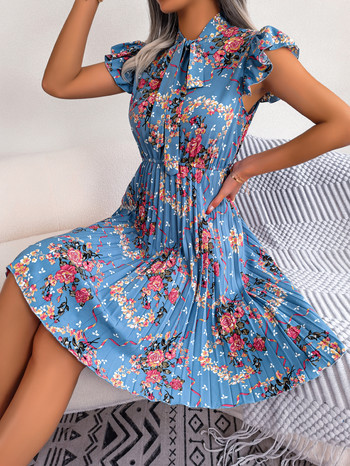 Дамска лятна рокля с елегантна плисирана панделка с флорален принт и тънка талия