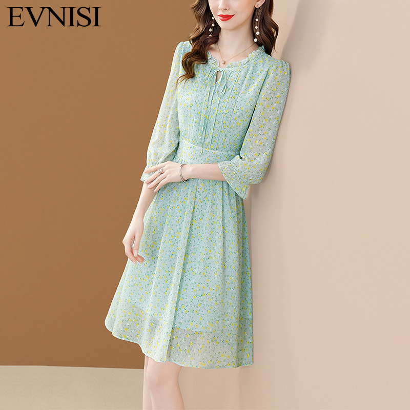 EVNISI Rochie din șifon cu mânecă evazată pentru femei, elegantă, verde, cu imprimeu floral
