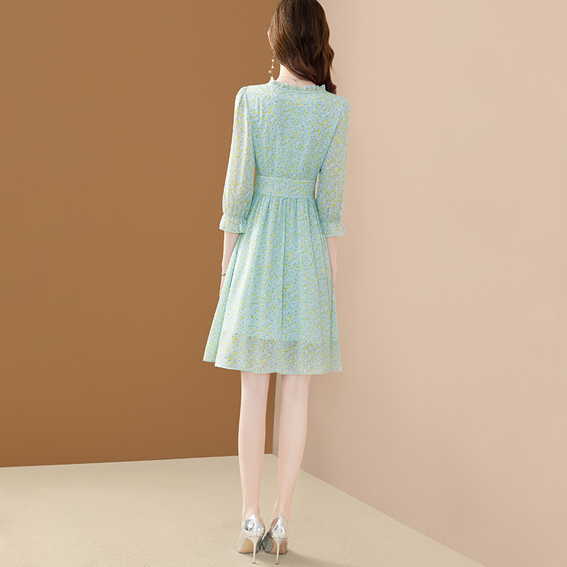 EVNISI Rochie din șifon cu mânecă evazată pentru femei, elegantă, verde, cu imprimeu floral