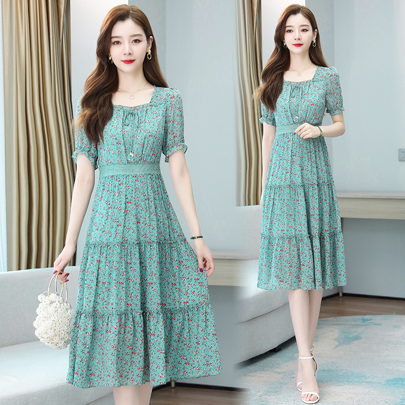 Pavasara vasara rozā ziedu šifona ikdienas pludmales kleita Sieviešu ballītēm Bodycon Maxi Vestidos 2024. gada retro stila Boho Midi kleita ar īsām piedurknēm