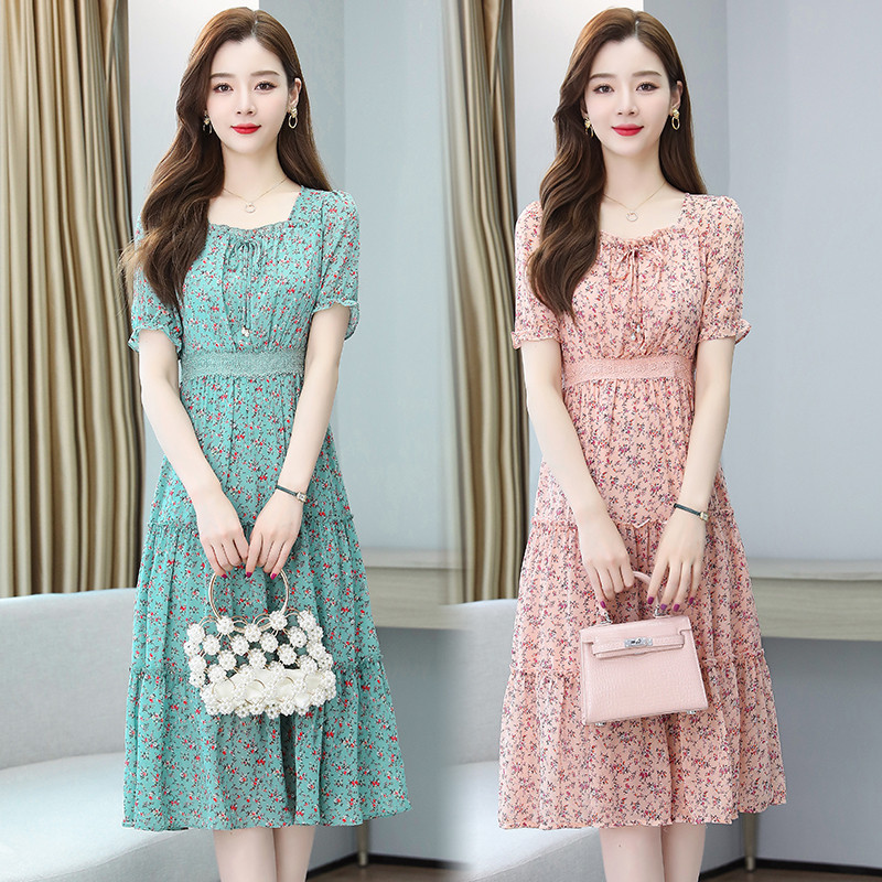 Pavasara vasara rozā ziedu šifona ikdienas pludmales kleita Sieviešu ballītēm Bodycon Maxi Vestidos 2024. gada retro stila Boho Midi kleita ar īsām piedurknēm