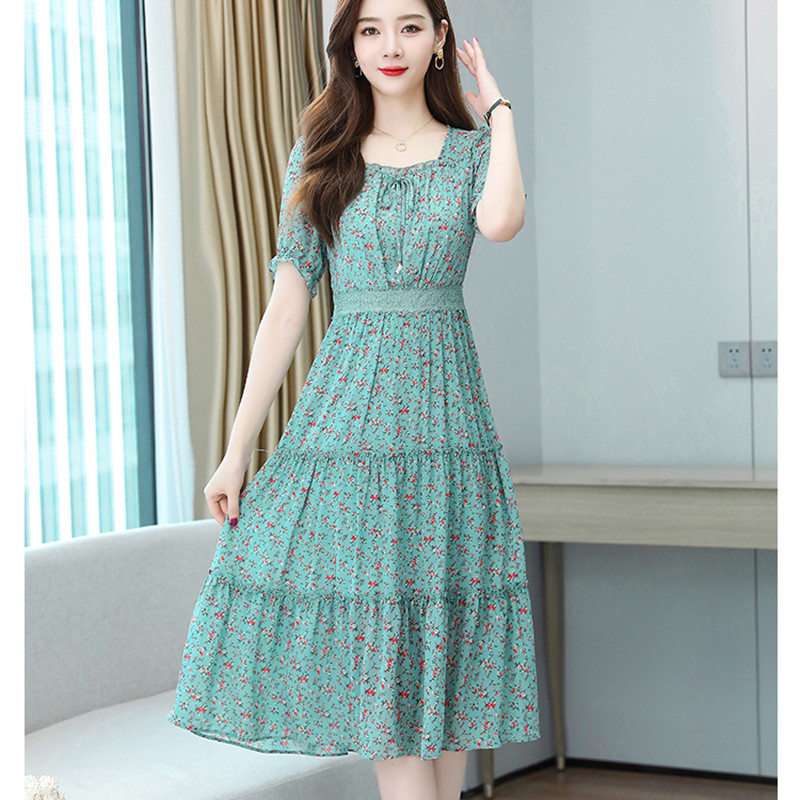 Pavasara vasara rozā ziedu šifona ikdienas pludmales kleita Sieviešu ballītēm Bodycon Maxi Vestidos 2024. gada retro stila Boho Midi kleita ar īsām piedurknēm