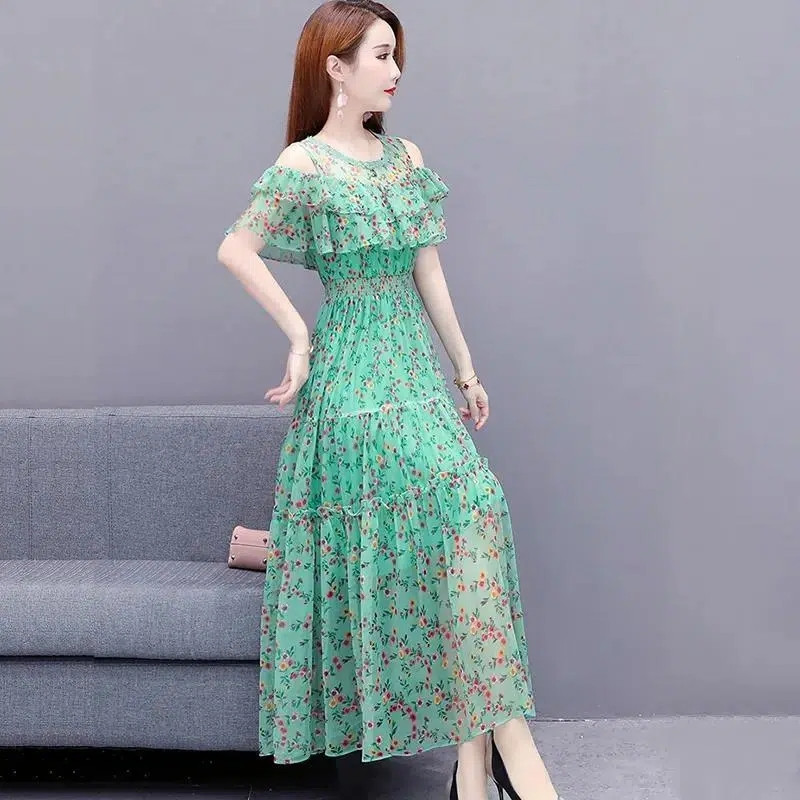 Rochie din plasă șifon cu imprimeu floral pentru femei 2023, noua vară, rochie boemă de plajă, lungă cu umeri, rochii sexy de petrecere pentru damă, Rochii